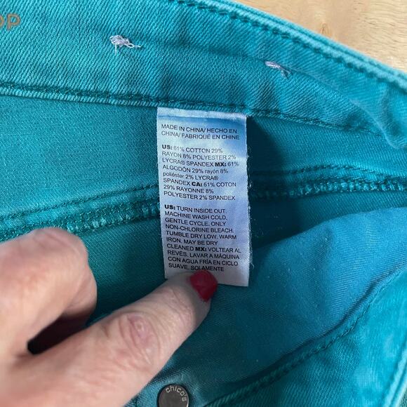 Chico's jeans pants women's 10 Grilfriend So Slimming Crop teal green raw hem - Picture 7 of 16